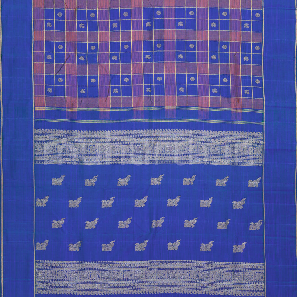 Violet Green Pattu Checks Kanjivaram Silk Saree