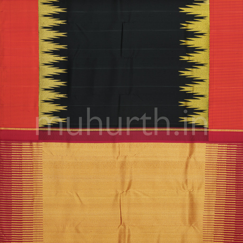 Black Pure Kanjivaram Silk Saree with Red Orange