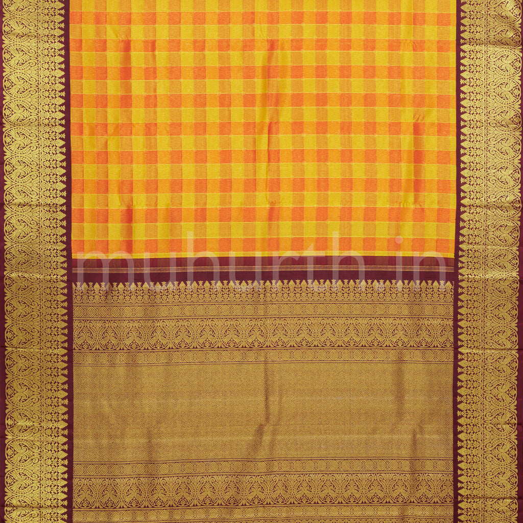Mustard Orange Checks Pure Kanjivaram Silk Saree with Pakku