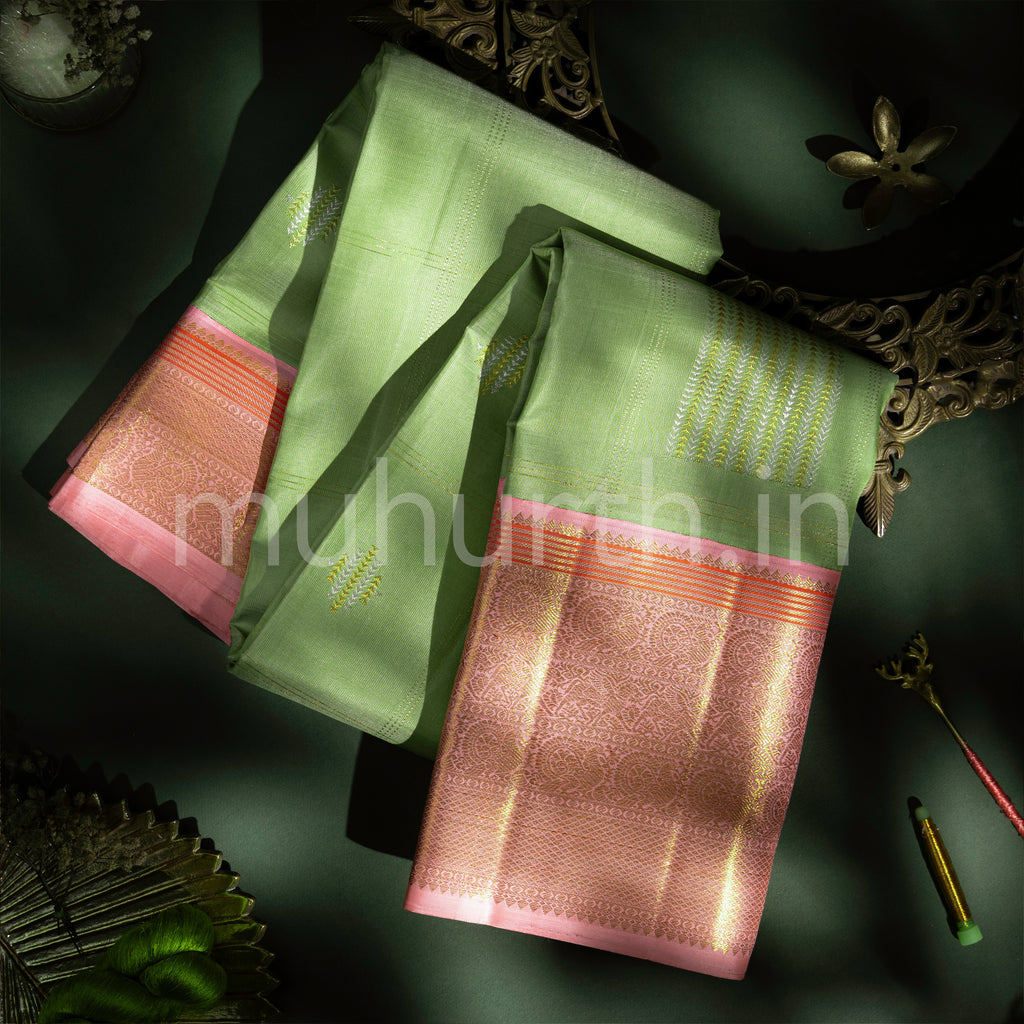 Elaichi Green Kanjivaram Silk Saree with Light Peach