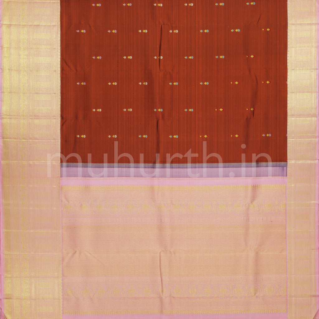 Rust Brown Pure Kanjivaram Silk Saree with Pink