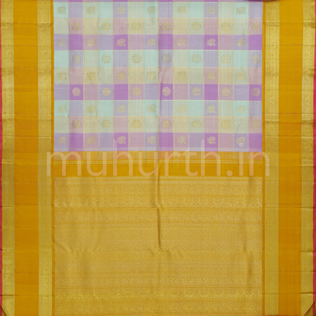 Lilac Elaichi Checks Pure Zari Kanjivaram Silk Saree with Golden Mustard