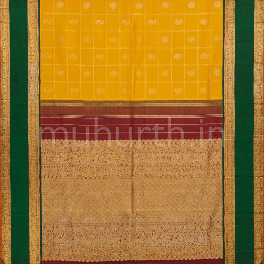 Mango Yellow Pure Zari Kanjivaram Silk Saree with Green
