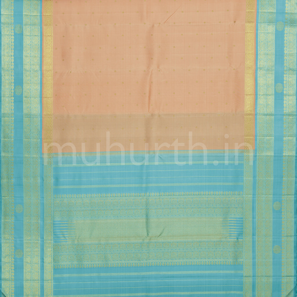 Light Peach Pure Zari Kanjivaram Silk Saree with Powder Blue