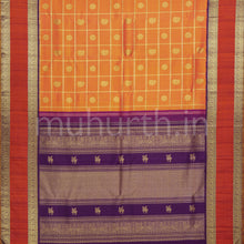 Load image into Gallery viewer, Mustard Shot Rose Pure Zari Kanjivaram Silk Saree with Magenta