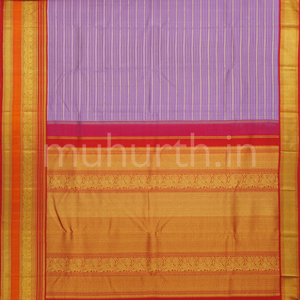 Lilac Veldhari Pure Kanjivaram Silk Saree with Bright Red