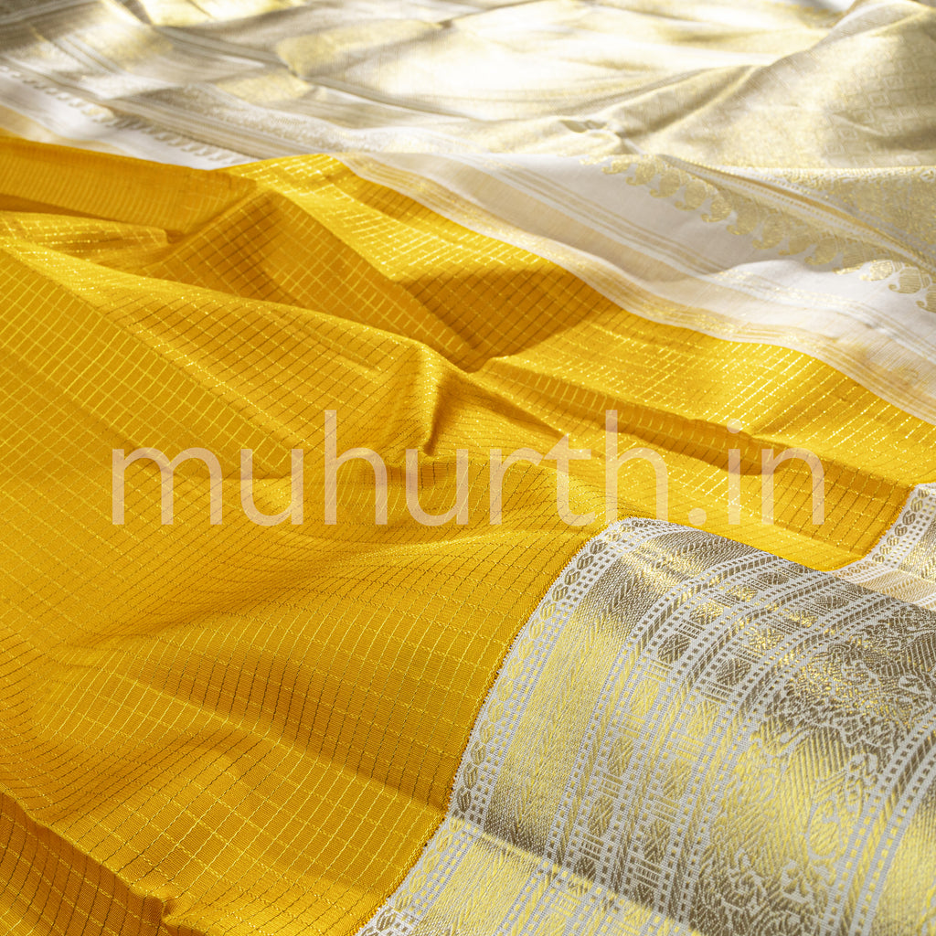 Golden Mustard Kanjivaram Silk Saree with Off-White