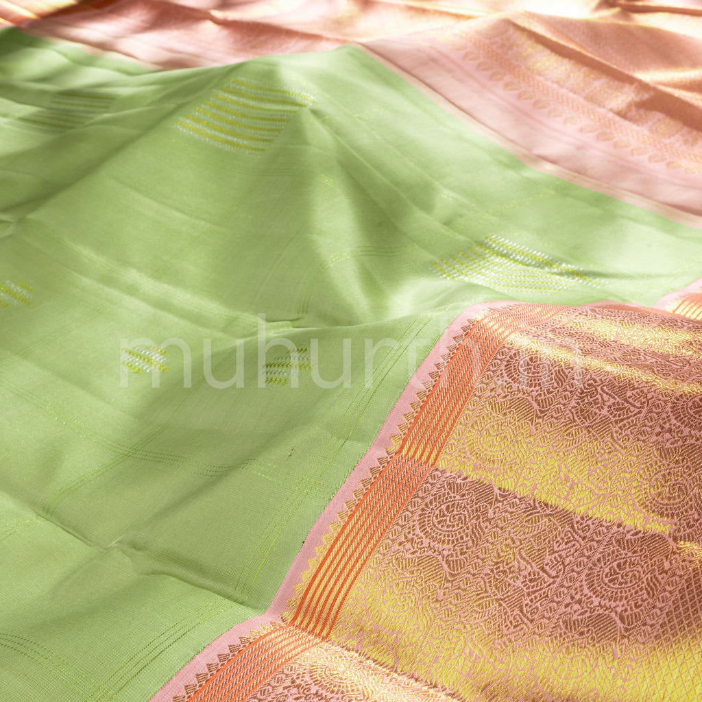 Elaichi Green Kanjivaram Silk Saree with Light Peach