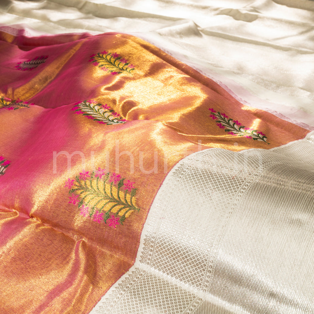 Rose Tissue Kanjivaram Silk Saree with Off-White