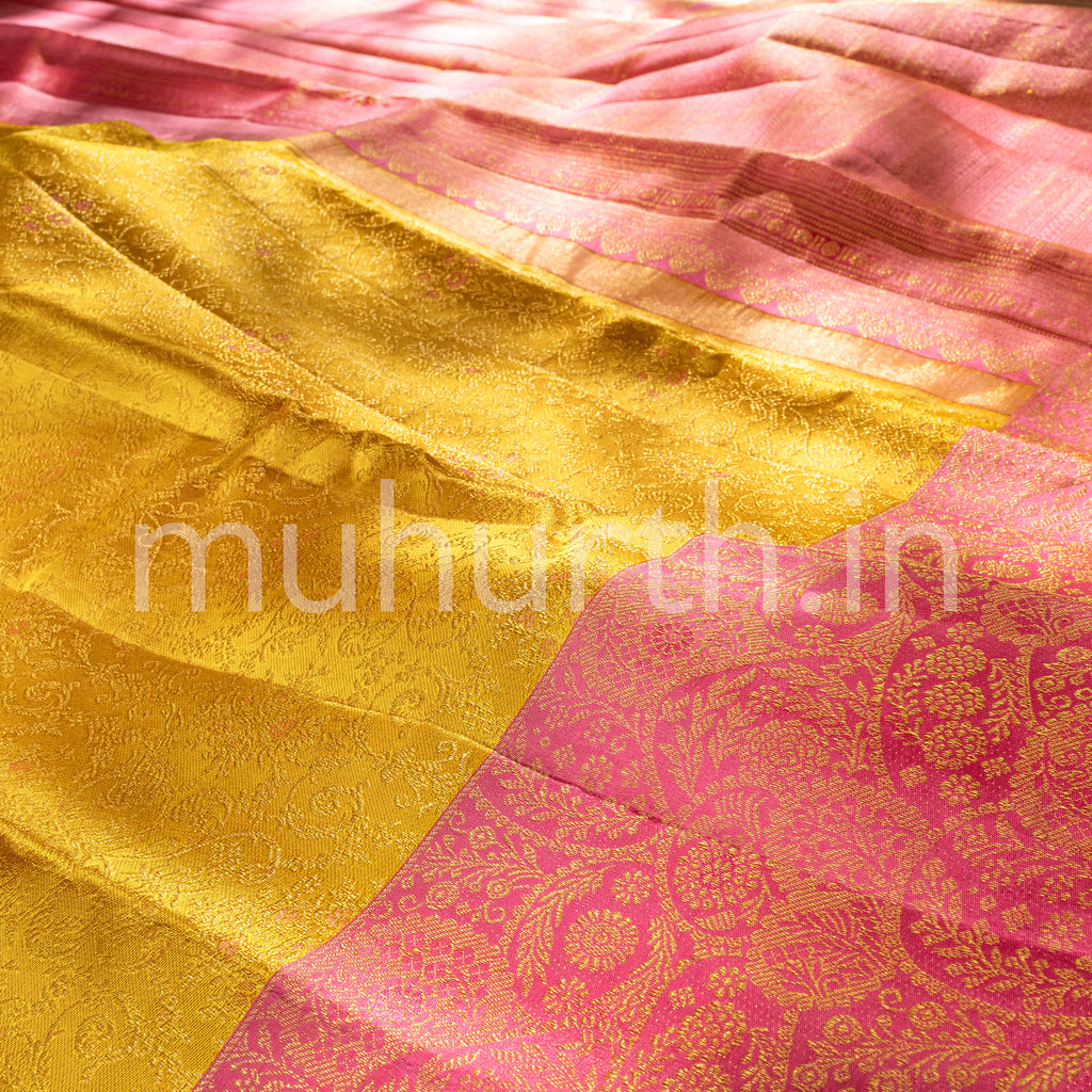 Golden Mustard Kanjivaram Silk Saree Peach