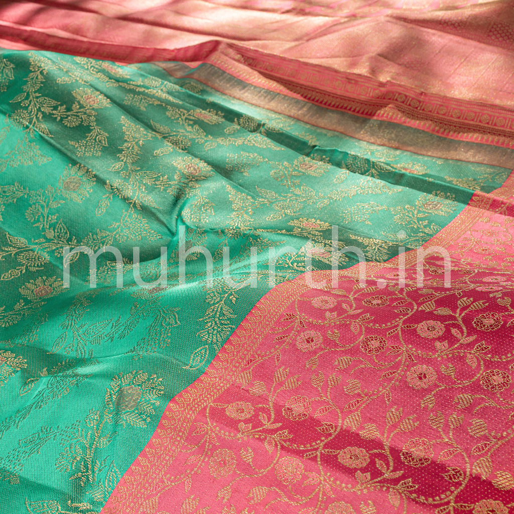 Rama Green Kanjivaram Silk Saree with Bright Peach