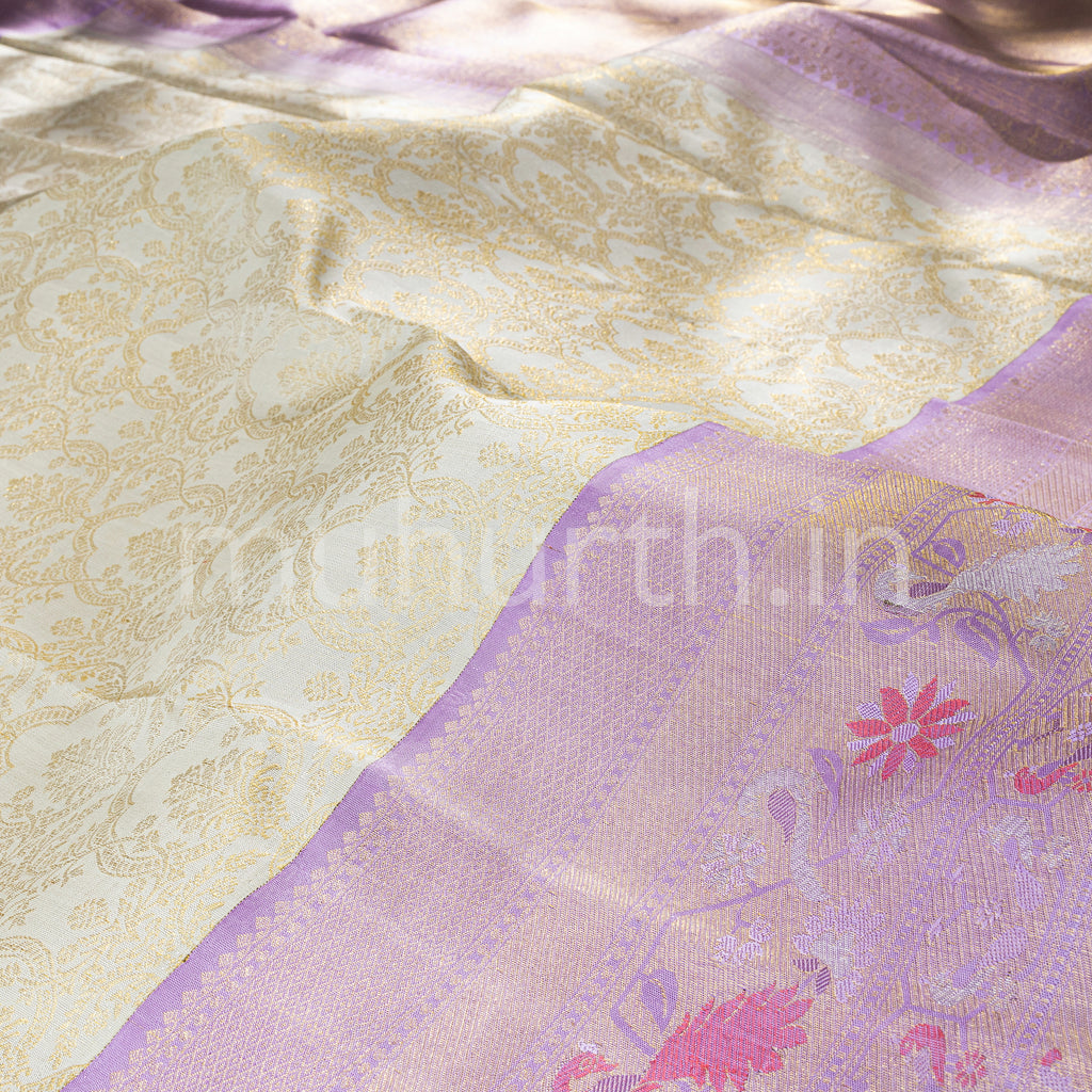 Off-White Kanjivaram Silk Saree with Lavender