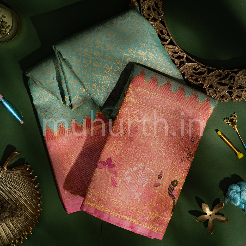 Sea Green Kanjivaram Silk Saree with Meenakari on Pink