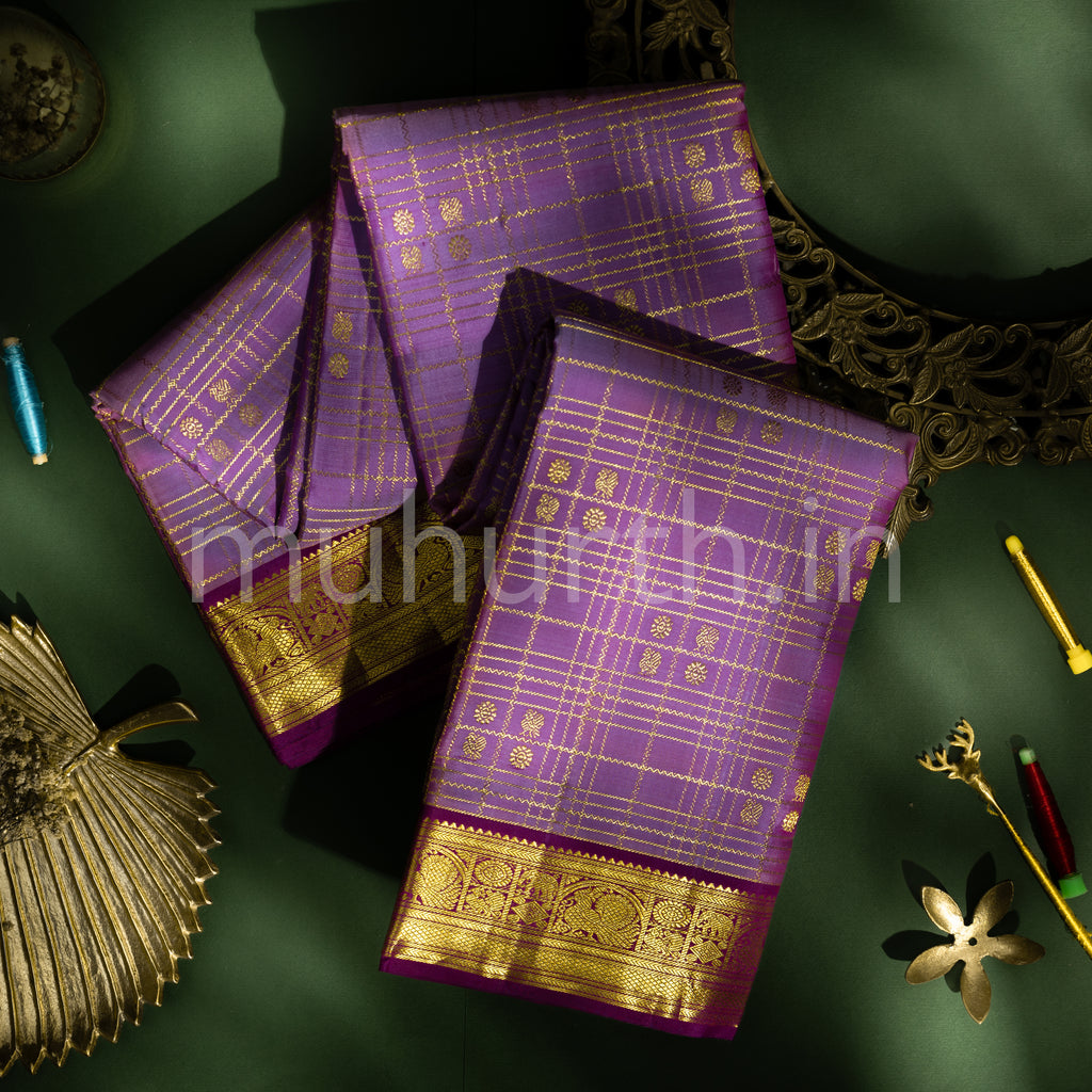 Dark Lilac Kanjivaram Silk Saree with Magenta