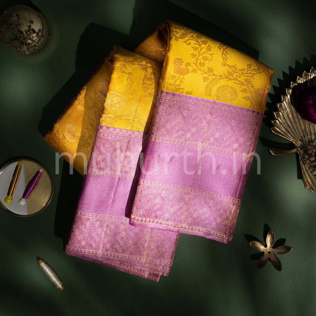 Golden Mustard Kanjivaram Silk Saree with Lilac