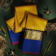 Load image into Gallery viewer, Golden Mustard Pure Zari Kanjivaram Silk Saree with Pakku and Violet
