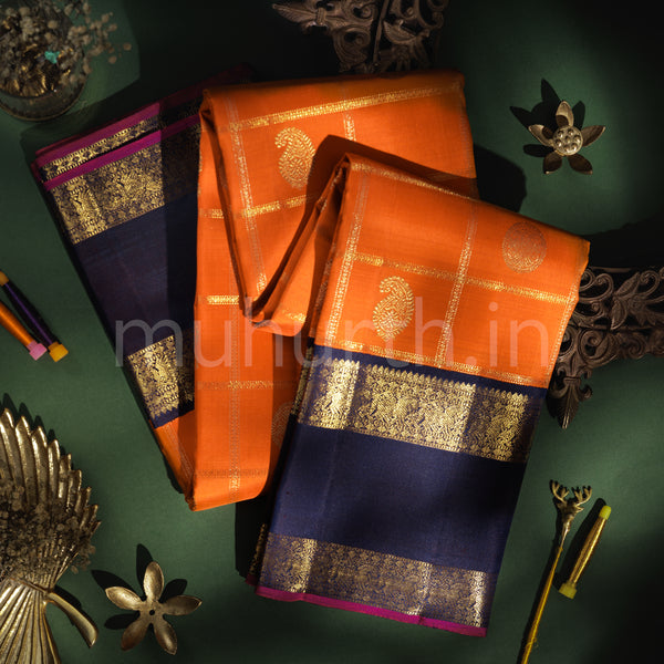 Orange Pure Zari Kanjivaram Silk Saree with Vijaya