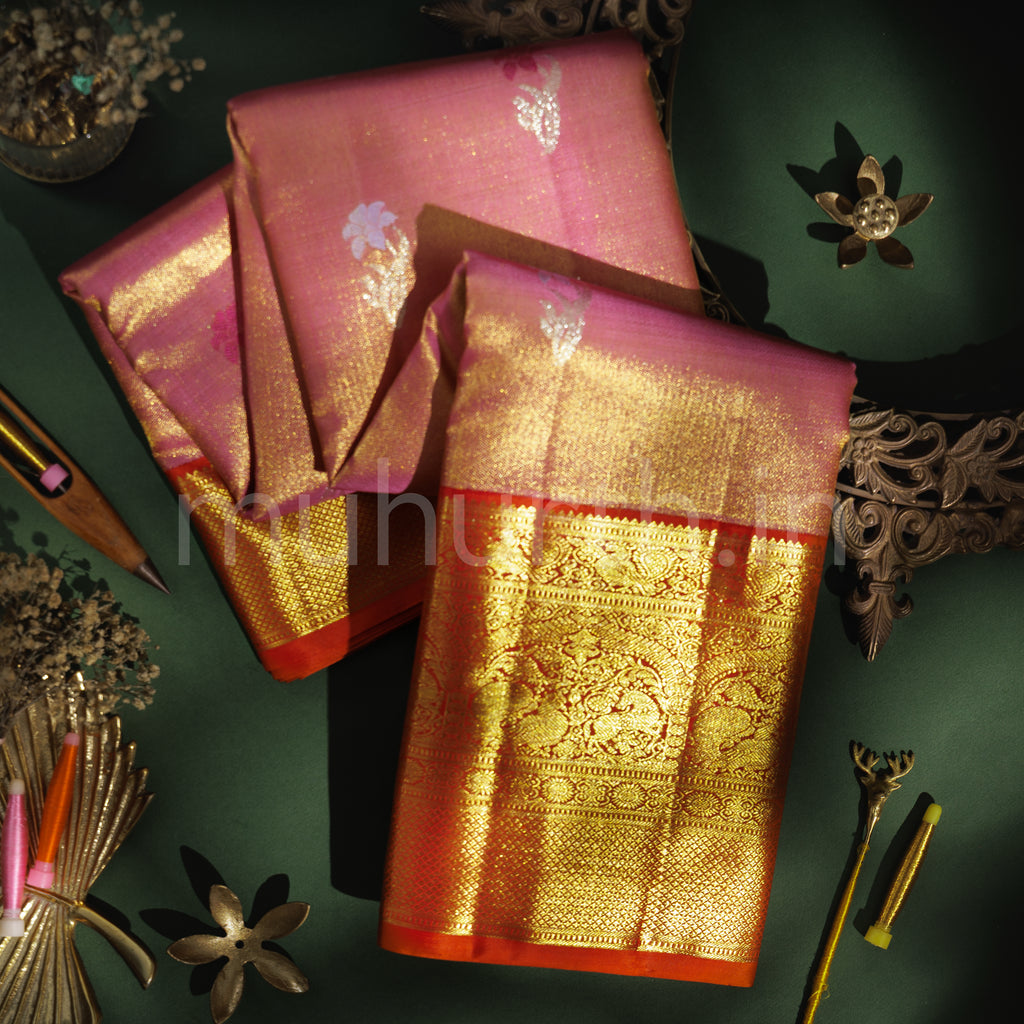 Pink Luxury Organza Tissue Pure Kanjivaram Silk Saree with Red Orange