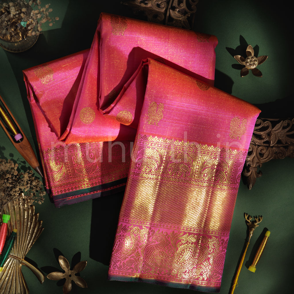 Orange Candy Pink Vaira Oosi Pure Kanjivaram Silk Saree
