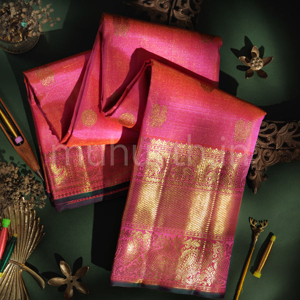 Orange Candy Pink Vaira Oosi Pure Kanjivaram Silk Saree