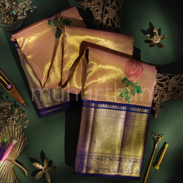 Peach Organza Pure Kanjivaram Silk Saree with Meenakshi