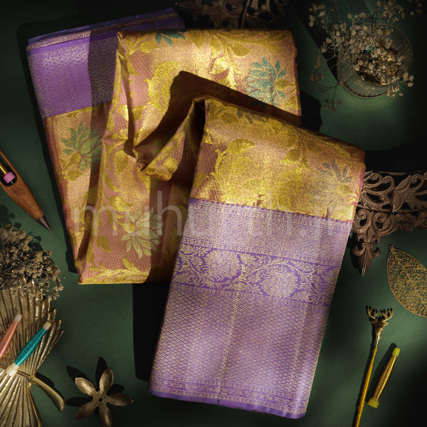 Pink Luxury Tissue Pure Kanjivaram Silk Saree with Lavender