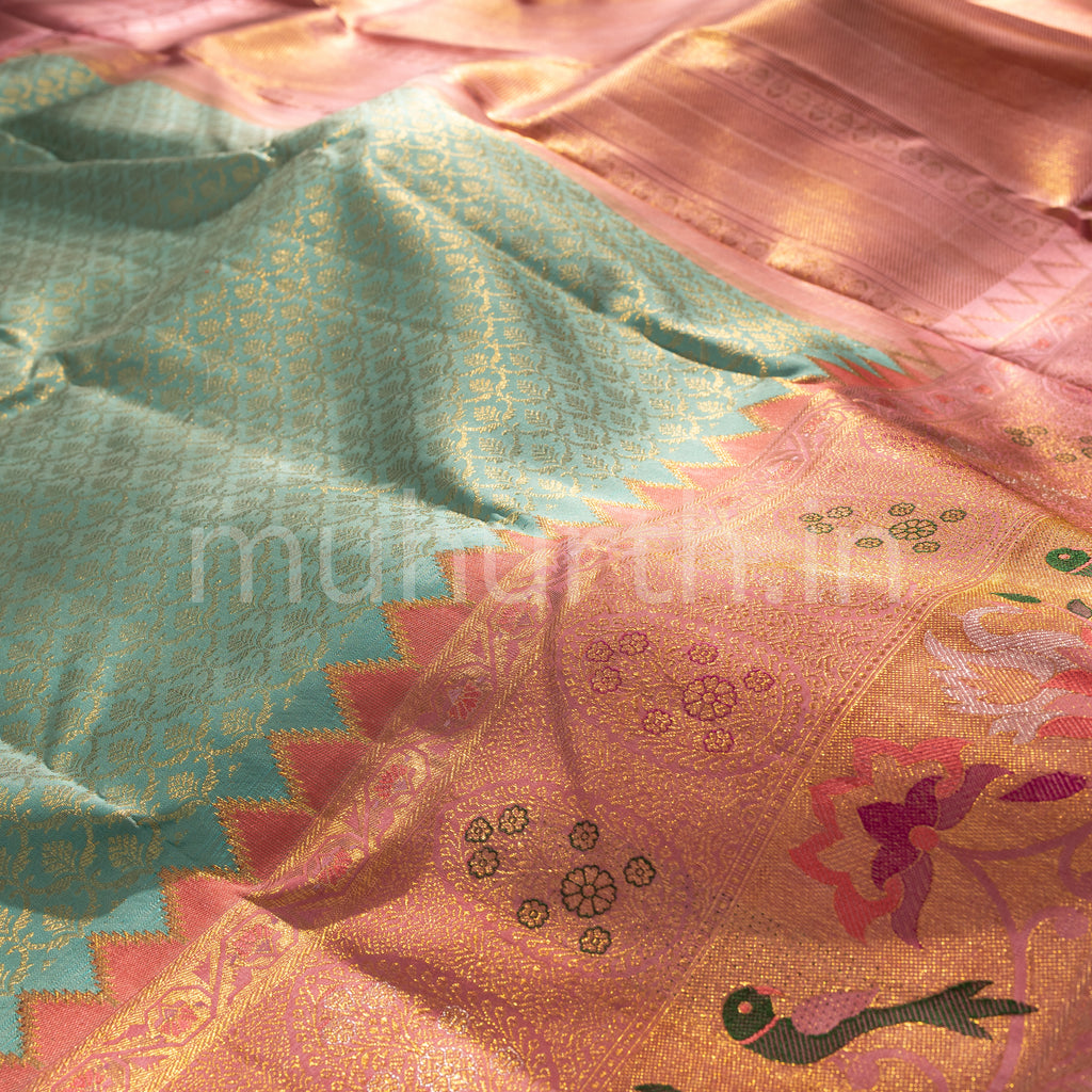 Sea Green Kanjivaram Silk Saree with Meenakari on Pink