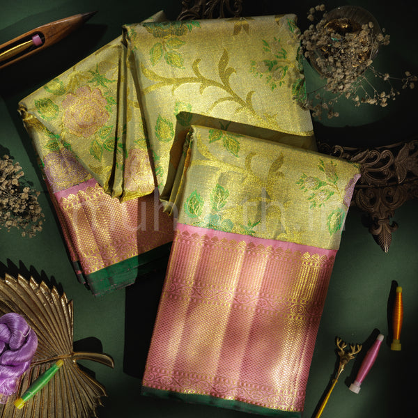 Pistachio Luxury Tissue Pure Kanjivaram Silk Saree with Pink