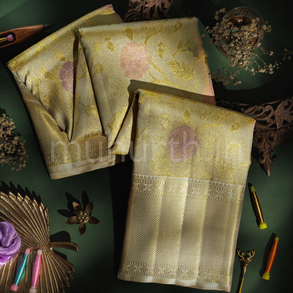 Cream Luxury Meenakari Tissue Pure Kanjivaram Silk Saree