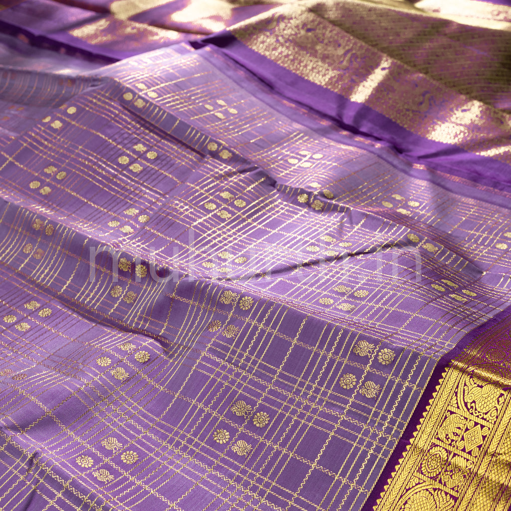 Dark Lilac Kanjivaram Silk Saree with Magenta