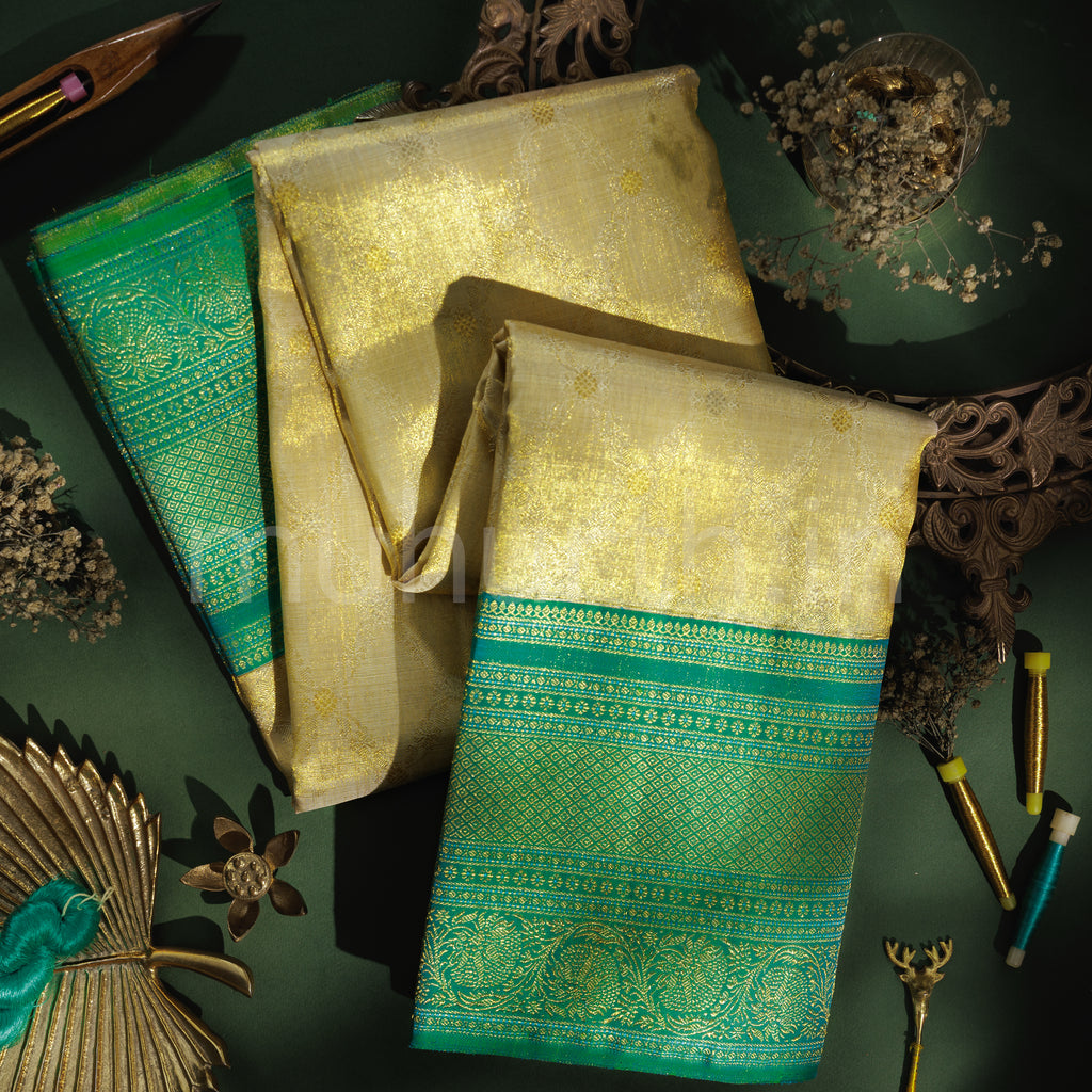 Off-White Organza Tissue Pure Kanjivaram Silk Saree with Sea Green