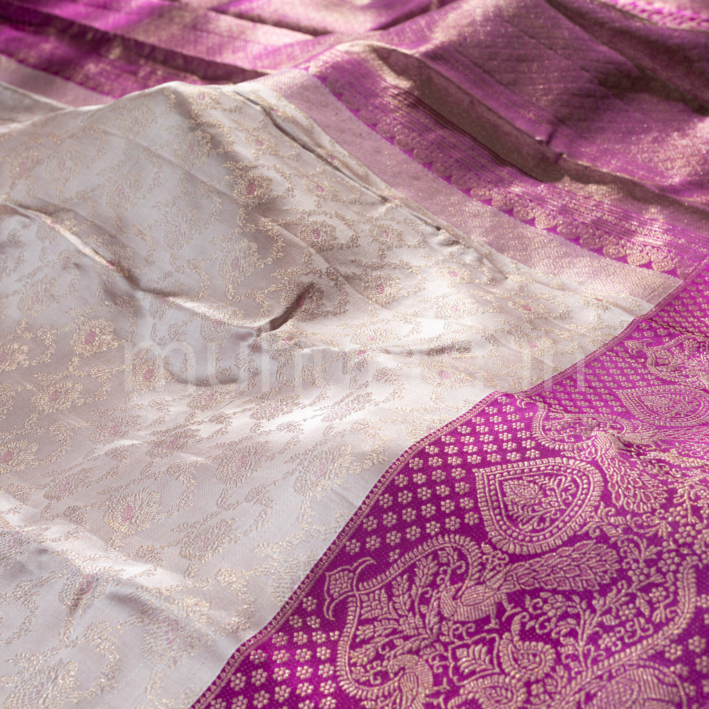 Bare Pink Kanjivaram Silk Saree with Magenta