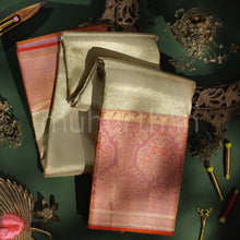 Load image into Gallery viewer, Tussar White Half Tissue Pure Kanjivaram Silk Saree with Peach
