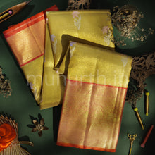 Load image into Gallery viewer, Mustard Luxury Organza Tissue Pure Kanjivaram Silk Saree with Light Orange