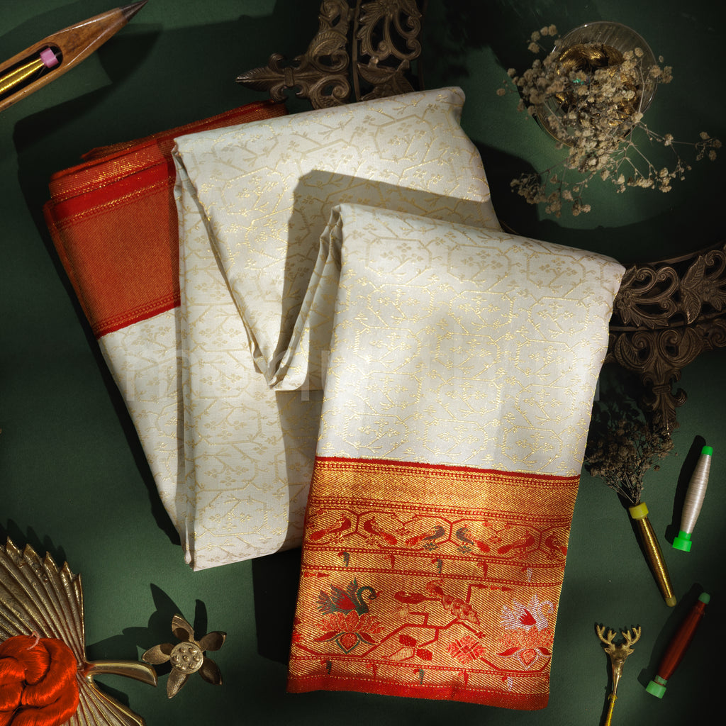 Off-White Pure Kanjivaram Silk Saree with Bright Red