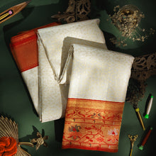 Load image into Gallery viewer, Off-White Pure Kanjivaram Silk Saree with Bright Red