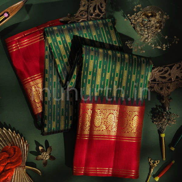 Dark Green Pure Kanjivaram Silk Saree with Bright Red