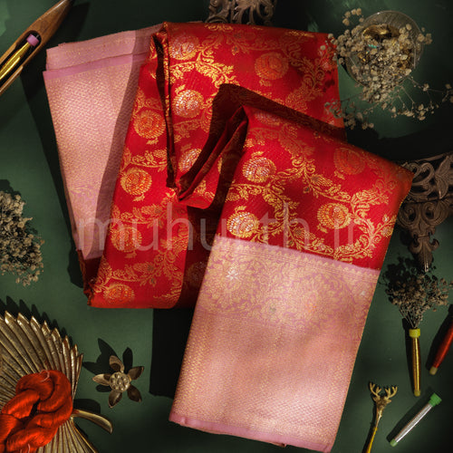 Bright Red Pure Meenakari Pure Kanjivaram Silk Saree with Peach