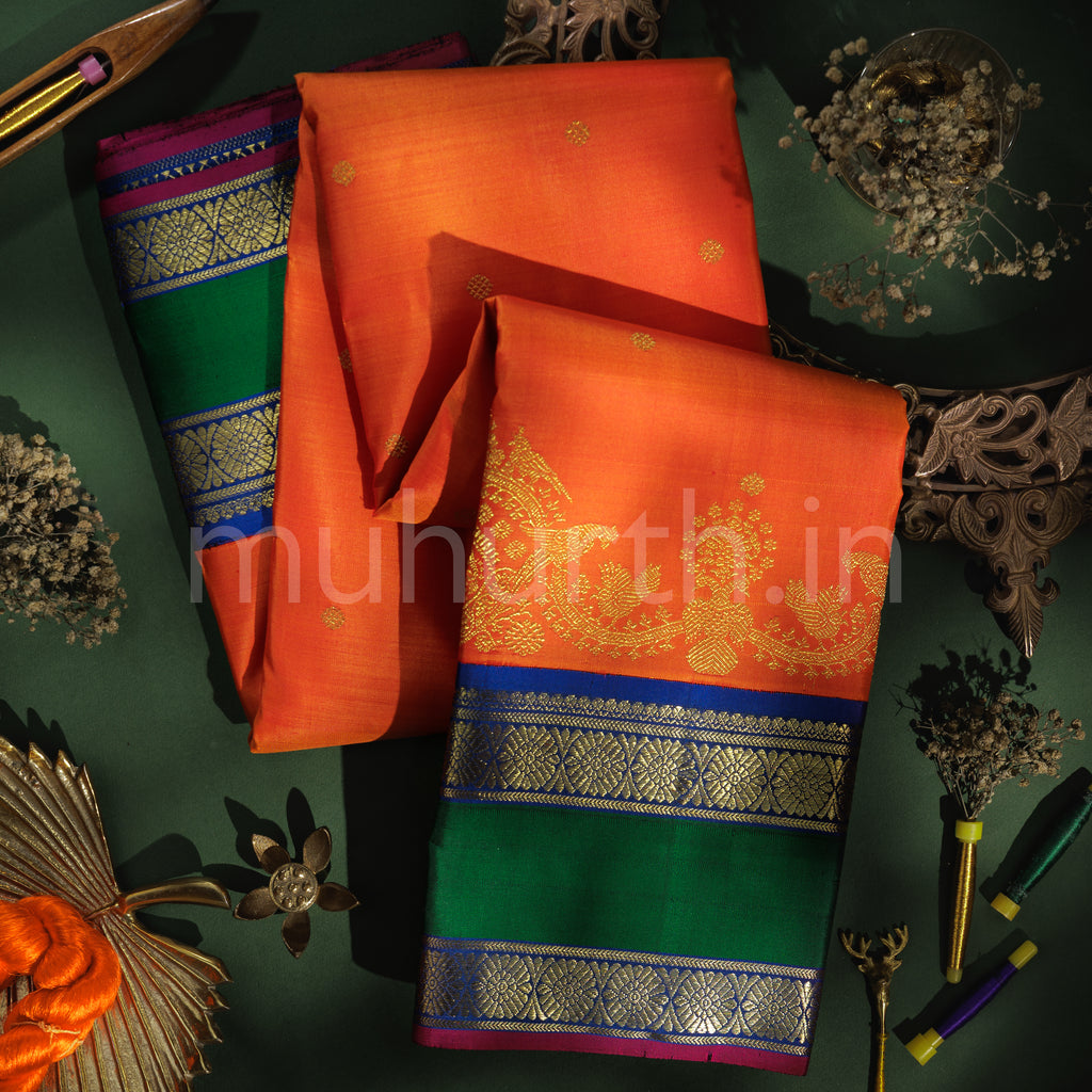 Orange Pure Zari Kanjivaram Silk Saree with Violet
