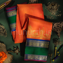 Load image into Gallery viewer, Orange Pure Zari Kanjivaram Silk Saree with Violet