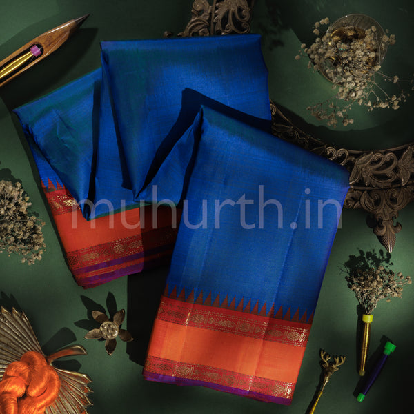 Peacock Blue Pure Zari Kanjivaram Silk Saree with Red Orange