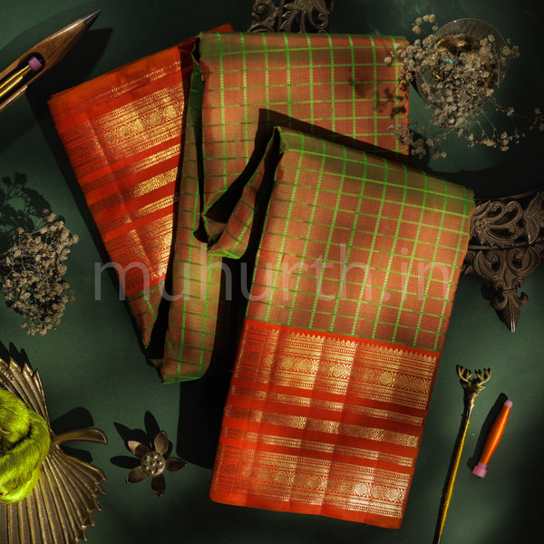 Brown Pure Zari Kanjivaram Silk Saree with Orange Red