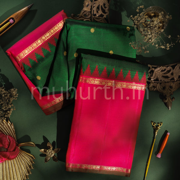 Green Pure Zari Kanjivaram Silk Saree with Rose Red