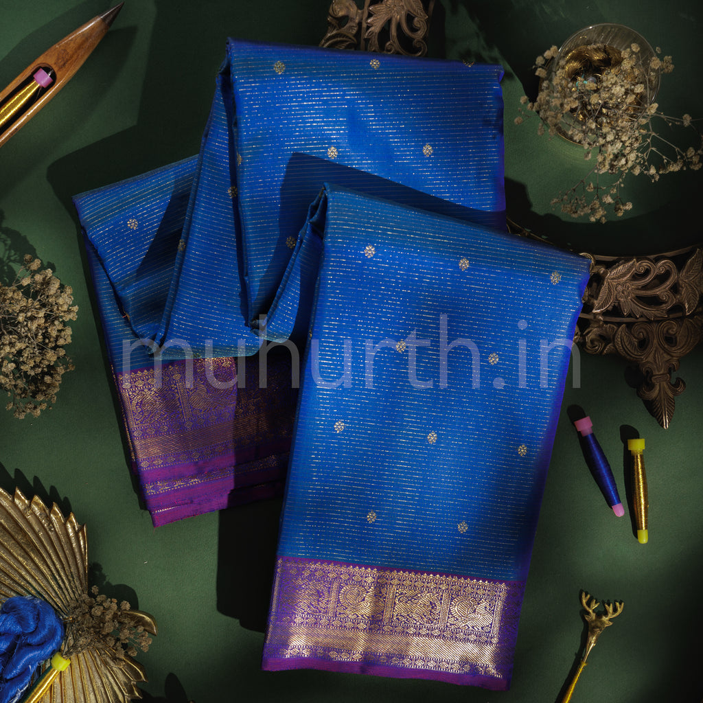 Peacock Blue Vaira Oosi Pure Zari Kanjivaram Silk Saree with Magenta