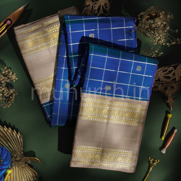 Peacock Blue Veldhari Pure Zari Kanjivaram Silk Saree with Faun