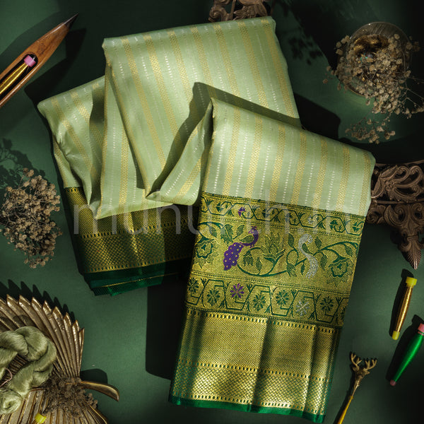 Light Elaichi Pure Kanjivaram Silk Saree with Green