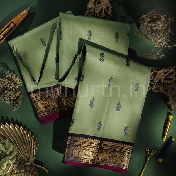 Elaichi Pure Zari Kanjivaram Silk Saree with Vijaya