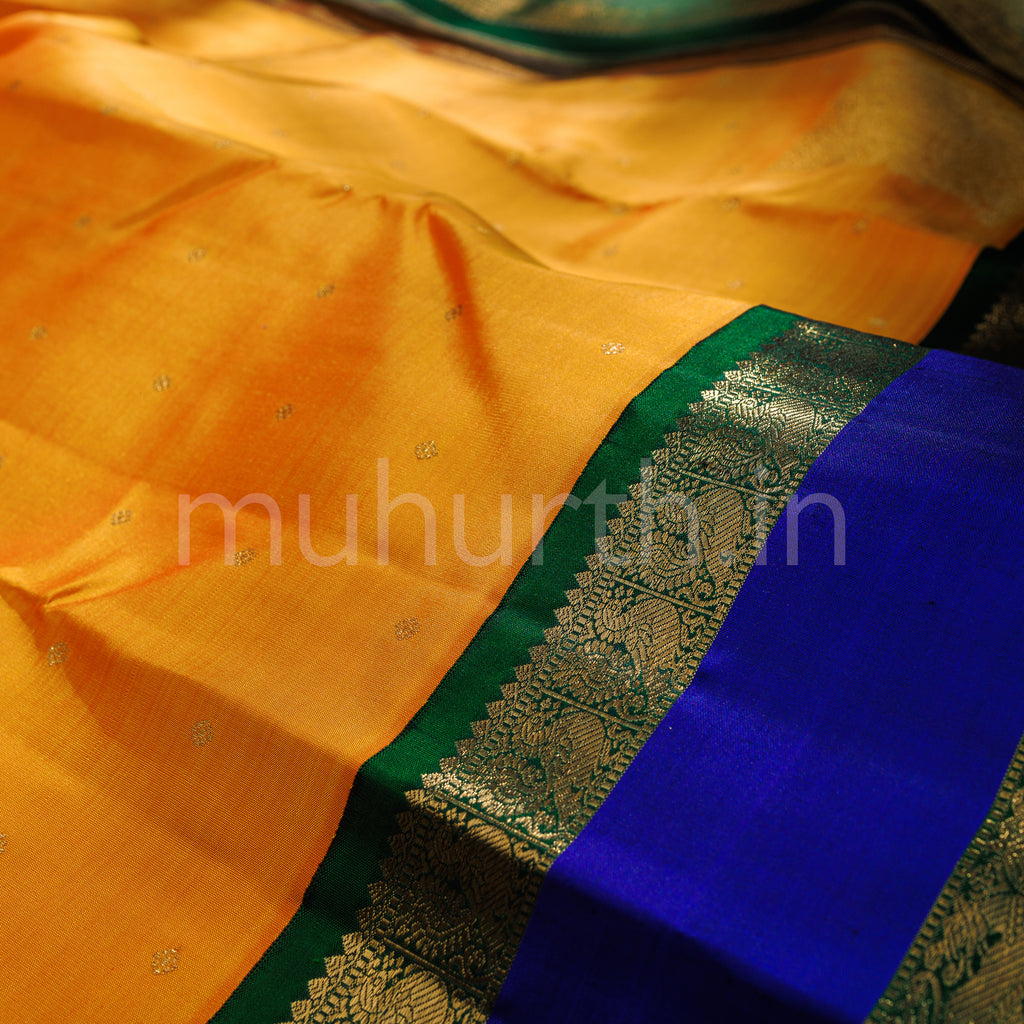 Mango Yellow Pure Zari Kanjivaram Silk Saree with Violet
