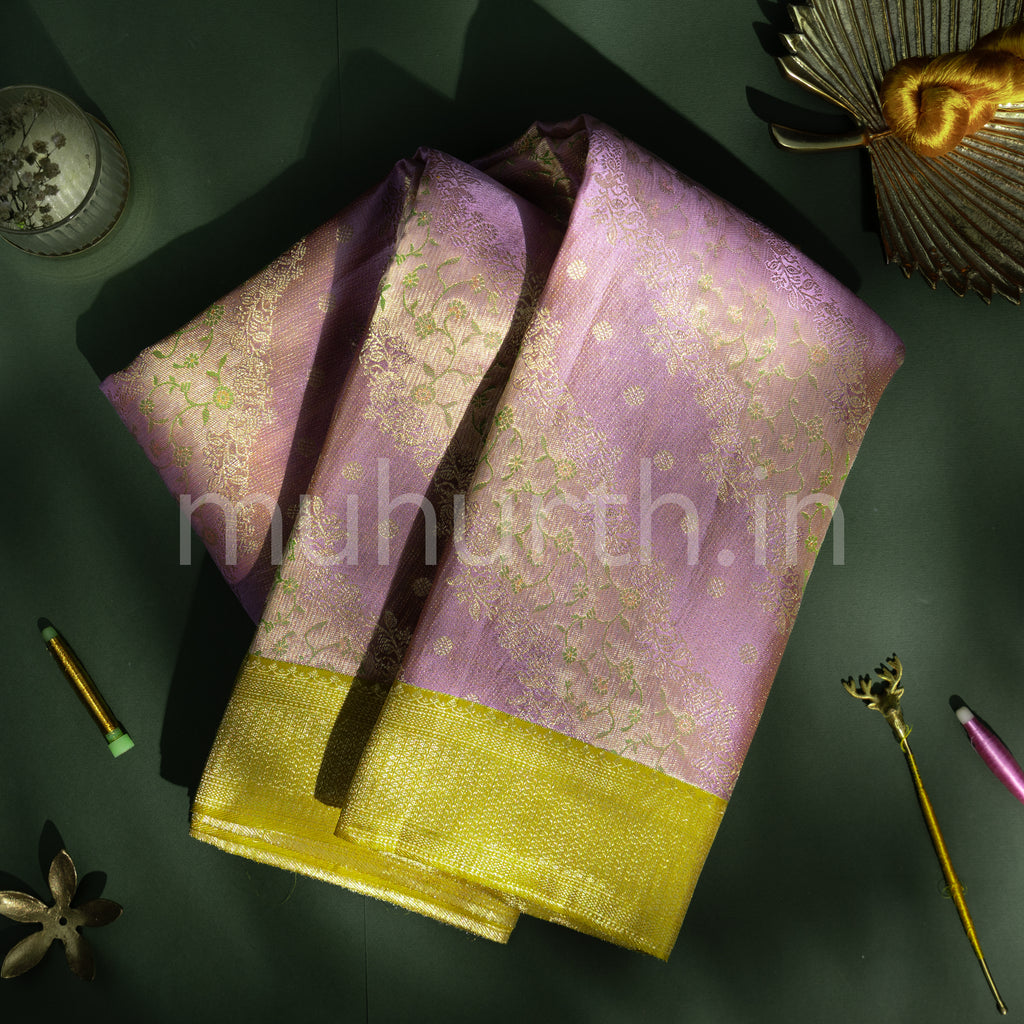 Lavender Kanjivaram Silk Saree with Golden Mustard