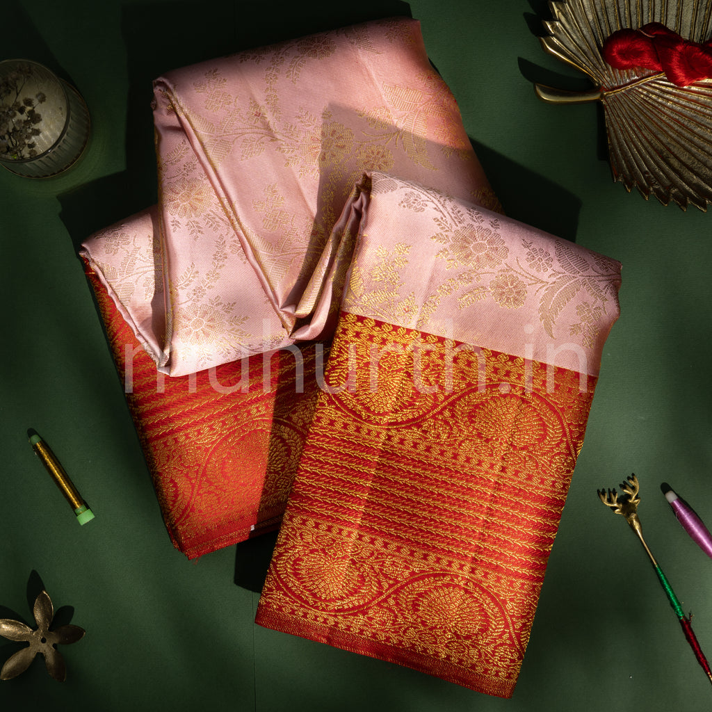 Pastel Pink Kanjivaram Silk Saree with Red